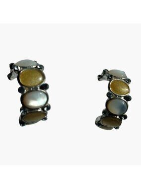 Vintage Half Hoop Earrings Yellow White Cabochon Stones Silver Accents